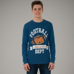 Faded Glory Boys Blue Football Graphic Long Sleeve Thermal Shirt Size XL